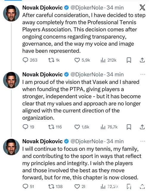 德约科维奇宣布离开职业网球运动员协会